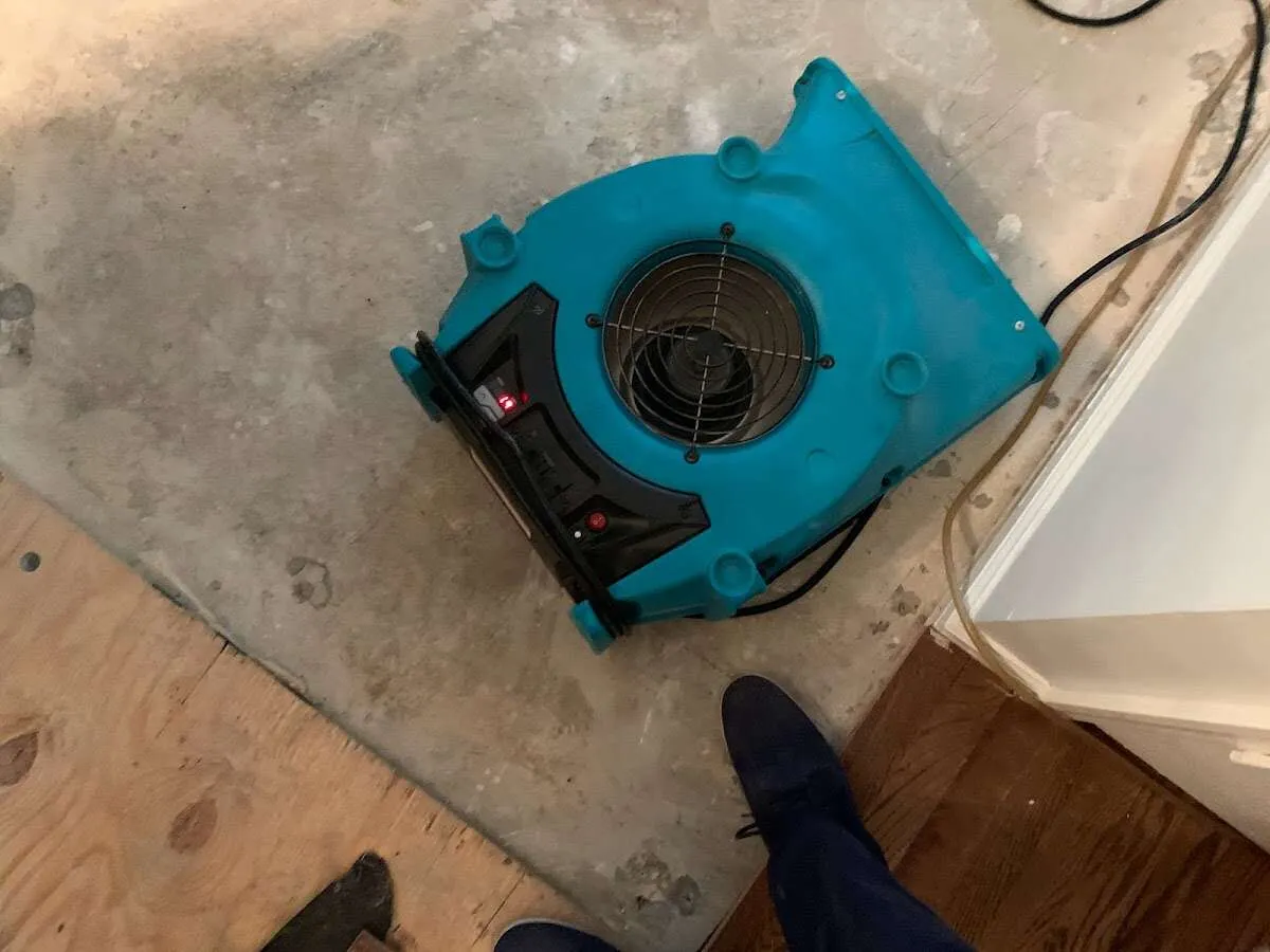 Air mover drying subfloor during Commercial Water Damage Restoration in Goddard